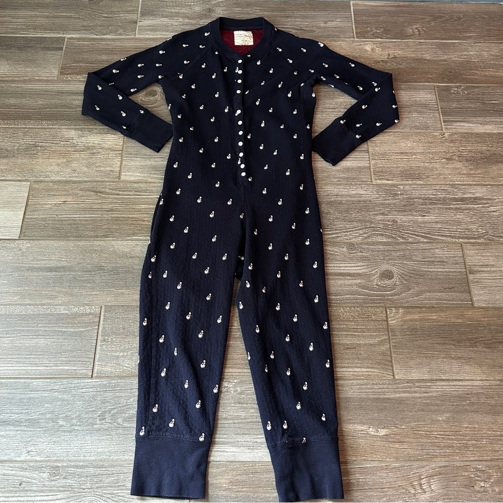 J Crew Navy Blue Snowman Pajamas‎ Adult Small One Piece Holiday Christmas